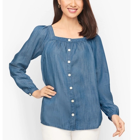 TALBOTS Petite Square Neck Button Up Chambray Denim Shirt Blouse‎ Blue Small - Picture 1 of 6